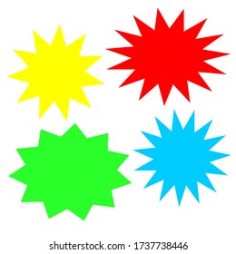 bursting shape speech bubbles set; starburst and sunburst cartoon with different color isolated on white background. vector illustration