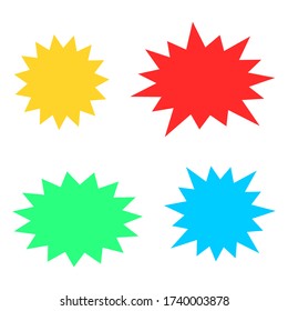 bursting shape speech bubbles set; starburst and sunburst cartoon with different color isolated on white background. vector illustration