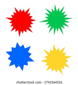 bursting shape speech bubbles set; starburst and sunburst cartoon with different color isolated on white background. vector illustration