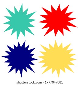 bursting shape speech bubbles set. blank starburst and sunburst cartoon with different color isolated on white background. vector illustration