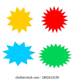 bursting shape speech bubbles set. blank starburst and sunburst cartoon with different color isolated on white background. vector illustration