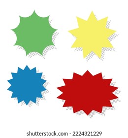 bursting shape speech bubbles set. colorful starburst and sunburst cartoon with halftone dot isolated on white background