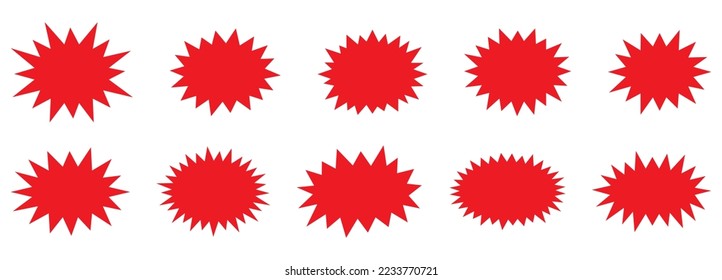 Bursting shape speech bubbles set. Starburst and sunburst cartoon shapes. Splash star icon set in flat style. Set of explosion background for a surprising and shocking moment with sample texts.