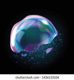 Bursting soap bubbles process stage vector illustration, realistic transparent exploding air spheres of rainbow colors with reflections and highlights, isolated on black background