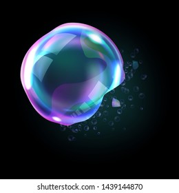 Bursting soap bubbles process stage vector illustration, realistic transparent exploding air spheres of rainbow colors with reflections and highlights, isolated on black background