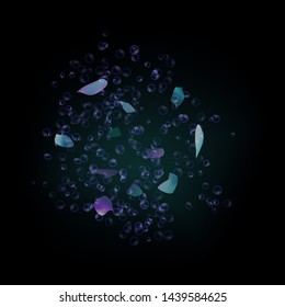 Bursting soap bubbles process stage vector illustration, realistic transparent exploding air spheres of rainbow colors with reflections and highlights, isolated on black background