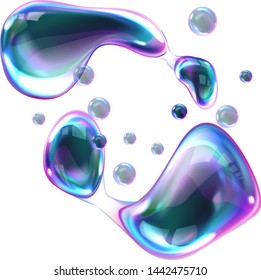 Bursting soap bubbles realistic vector, transparent air sphere of rainbow colors with reflections and highlights deform and explode from blowing wind, illustrations isolated on white background