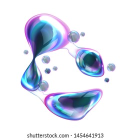 Bursting soap bubbles realistic vector, transparent air sphere of rainbow colors with reflections and highlights deform and explode from blowing wind, illustrations isolated on white background