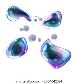 Bursting soap bubbles realistic vector, transparent air sphere of rainbow colors with reflections and highlights deform and explode from blowing wind, illustrations isolated on white background
