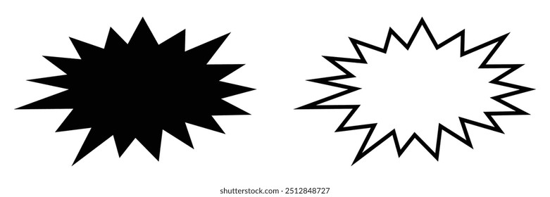 Bursting speech star icon in two styles. Comic explosion speech bubble. Starburst black silhouette. Vector illustration
