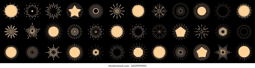 Bursting sun rays element collection. Set of sunburst icon, shine and burst line. Sunbeam vintage icons in golden