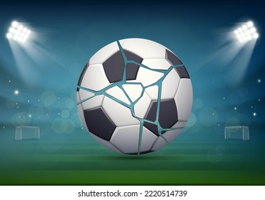Bursting and torn soccer ball lies on the grass of the stadium. vector illustration.