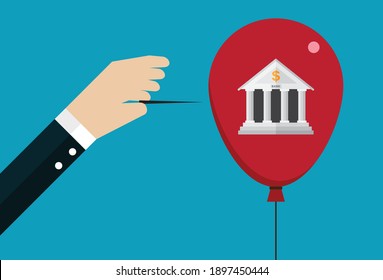 Bursts a balloon with bank, Vector illustration in flat style