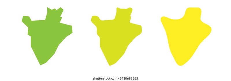 Burundi country black outline and colored country silhouettes in three different levels of smoothness. Simplified maps. Vector icons isolated on white background.