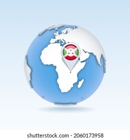 Burundi - country map and flag located on globe, world map. 3D Vector illustration