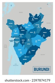 Burundi country political map. Africa. Detailed vector illustration with isolated provinces, departments, regions, cities, islands and states easy to ungroup.