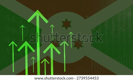 Burundi economic uprising, increasing values with cubes, financial growth, crisis and upgrade concept, Burundi flag with upward rising arrow, dollar USD symbol, fail and increase