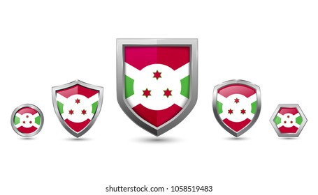 Burundi flag badges - silver shape shield circle hexagon - stock vector illustration 