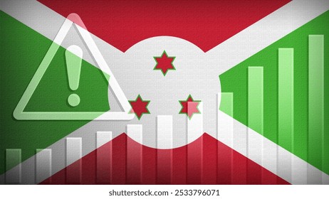 Burundi flag with burlap texture, warning sign, and rising bar chart symbolizing increasing risk or growth challenges in the country. Ideal for data presentations.