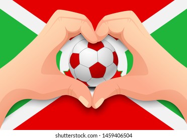 Burundi flag and hand heart shape. National football background. Soccer ball with flag of Burundi vector illustration