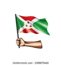 Burundi flag and hand on white background. Vector illustration