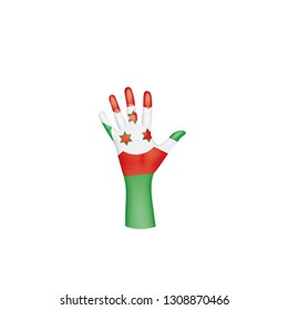 Burundi flag and hand on white background. Vector illustration