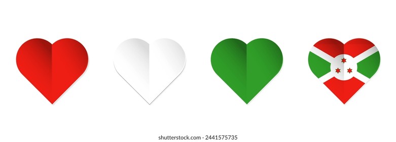 Burundi flag in heart shape. Set of hearts with Burundi flag colors. Vector illustration isolated on white background.