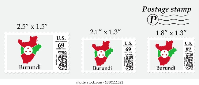 Burundi flag map on postage stamp different size.