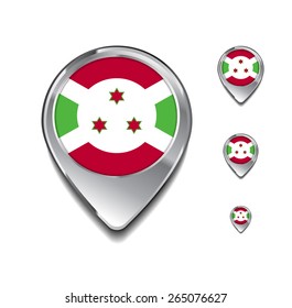 Burundi flag map pointer. 3d Map Pointer with flag glossy button style on gray background