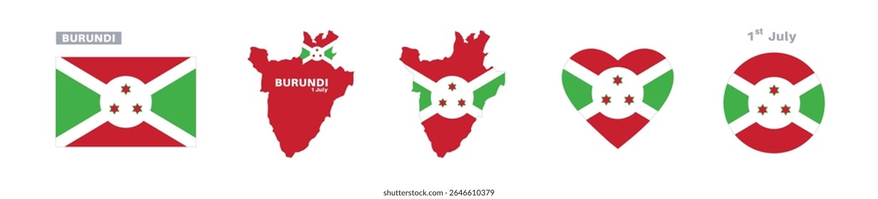 burundi flag and map set. burundi flag in official colors and proportions. independence day 1 july, map, circle and heart shaped burundi

