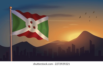 Burundi flag with mountains and morning sun in the background

