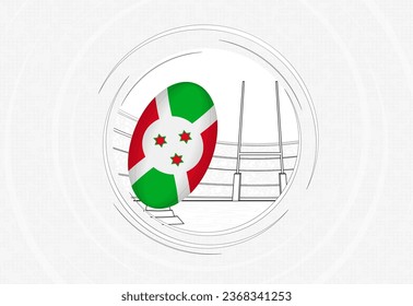 Burundi flag on rugby ball, lined circle rugby icon with ball in a crowded stadium. Vector sport emblem on abstract background.
