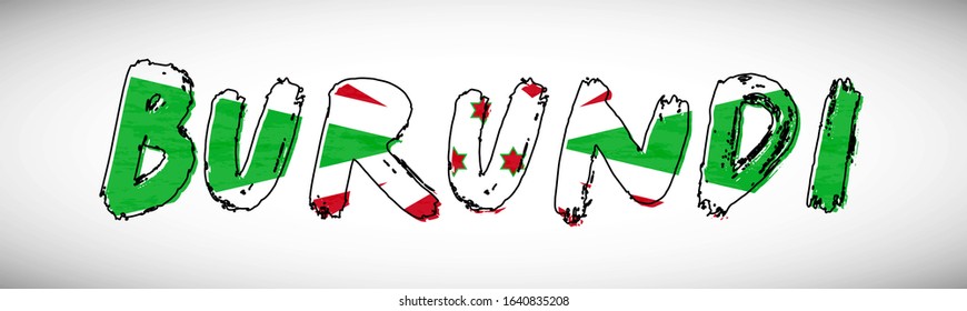 Burundi flag on text typography. Country name banner strip. Elegant typography background.