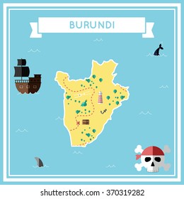 Burundi flat treasure map. Colorful cartoon treasure map of Burundi with flat icons of pirate ship, jolly roger, treasure chest and banner ribbon. Flat design vector illustration.