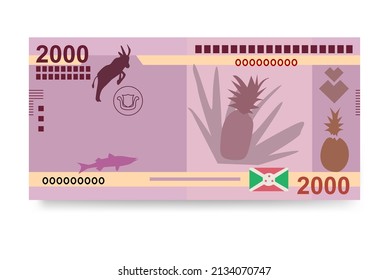 Burundi Franc Vector Illustration. Burundian money set bundle banknotes. Paper money 2000 BIF . Flat style. Isolated on white background. Simple minimal design.