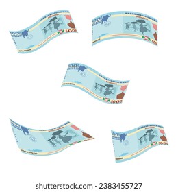 Burundi Franc Vector Illustration. Burundian money set bundle banknotes. Falling, flying money 5000 BIF. Flat style. Isolated on white background. Simple minimal design.