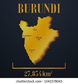 Burundi, Gitega golden 3d solid country outline silhouette, realistic piece of world map template, for infographic, vector illustration, isolated object, background. From countries set
