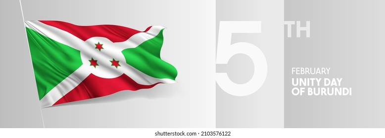 Burundi happy unity day greeting card, banner vector illustration. National holiday 5th of February design element with 3D waving flag on flagpole