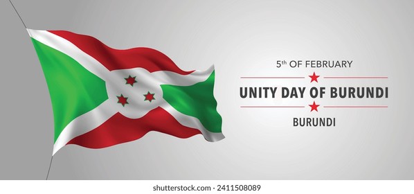 Burundi happy unity day greeting card, banner with template text vector illustration. Burundian memorial holiday 5th of February design element with 3D flag with stripes