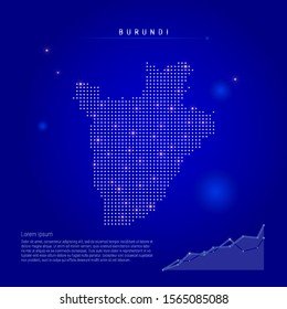 Burundi illuminated map with glowing dots. Infographics elements. Dark blue space background. Vector illustration. Growing chart, lorem ipsum text.