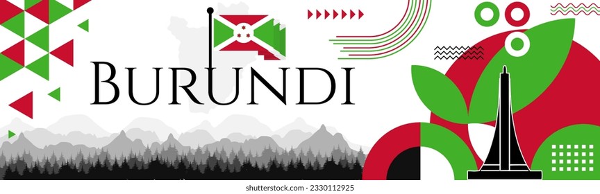 Burundi Independence Day abstract banner design with flag and map. Flag color theme geometric pattern retro modern Illustration design. green and red color template.