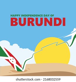 Burundi independence day vector illustration with a long and wavy national flag within bright day scenery. African country public holiday and festival.