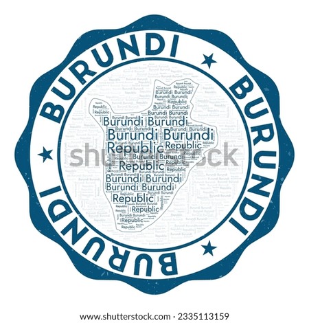 Burundi logo. Beautiful country badge with word cloud in shape of Burundi. Round emblem with country name. Creative vector illustration.