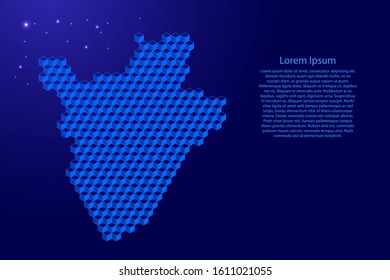 Burundi map from 3D classic blue color cubes isometric abstract concept, square pattern, angular geometric shape, glowing stars. Vector illustration.