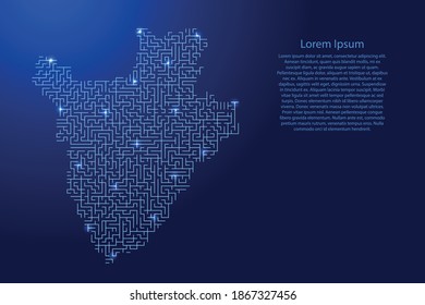 Burundi map from blue pattern of the maze grid and glowing space stars grid. Vector illustration.