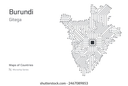 Burundi Map with a capital of Gitega Shown in a Microchip Pattern with processor. E-government. World Countries vector maps. Microchip Series	