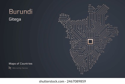 Burundi Map with a capital of Gitega Shown in a Microchip Pattern with processor. E-government. World Countries vector maps. Microchip Series	