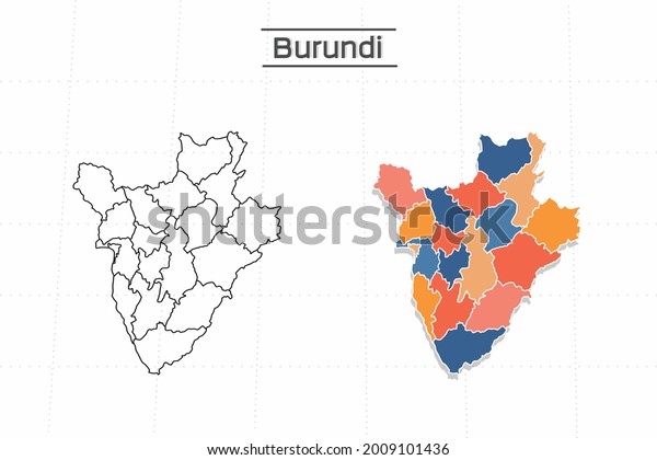 Burundi map city vector\
divided by colorful outline simplicity style. Have 2 versions,\
black thin line version and colorful version. Both map were on the\
white background.