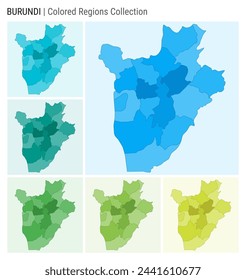 In: Burundi map collection. Landform mit farbigen Bereichen. Hellblau, Cyan, Teal, Grün, Hellgrün, Lime-Farbpaletten. Grenze von Burundi mit Provinzen für Ihre Infografik. Vektorgrafik.