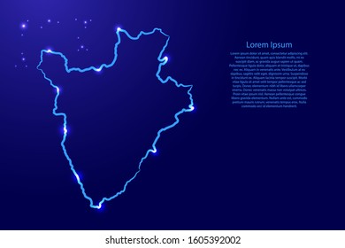 Burundi map from the contour classic blue color brush lines different thickness and glowing stars on dark background. Vector illustration.